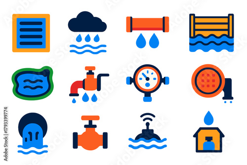 Urban Hydrology Icons. Flat vector icons of Urban Hydrology: Drain, Stormwater, Pipe, Flood Barrier, Retention Pond, Pump, Water