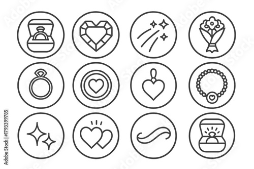 Romantic Symbolism Icons. Line style round icons of romantic symbolism: ring box, heart gem, sparkle trail, bouquet; engagement