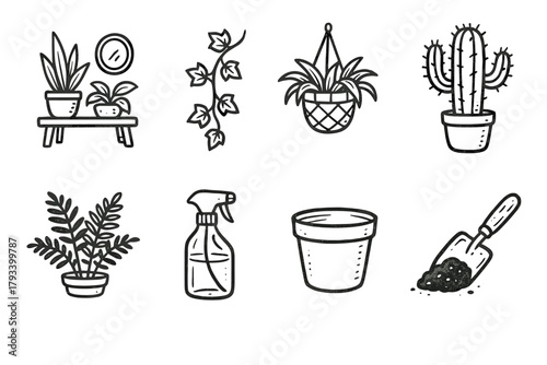 Setup bottle vine icon hanging basket watering vector set plant ivy scoop