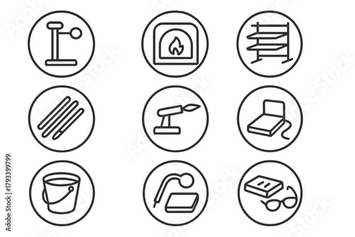 Glass Workshop Icons. Line style round icons of glass workshop: pipe stand, furnace, cooling shelf, color rods; bench torch, foot