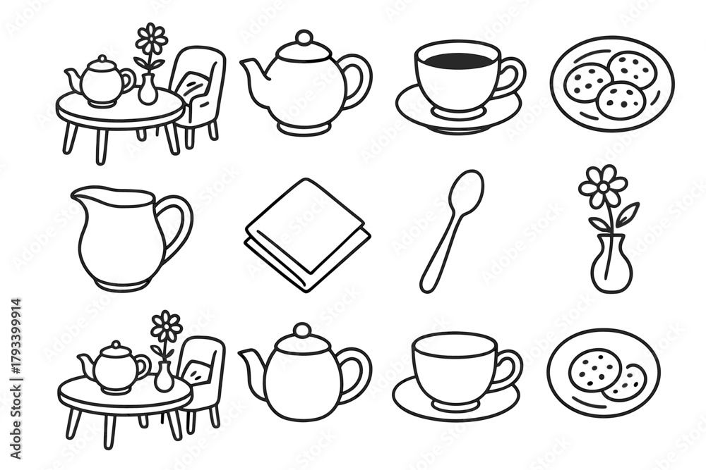 Obraz premium Cookie teapot milk vector pitcher tea setup icon cozy napkin afternoon