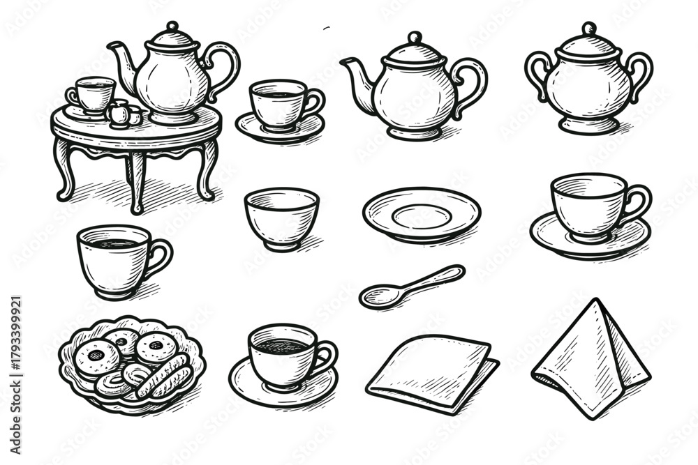 Obraz premium Bowl vector dish elegant sugar cup service tea napkin icon teapot