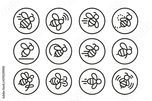 Flight Motion Icons. Line style round icons of buzzing motion: wing blur, sound wave, air line, flight path; hover, loop, zoom,