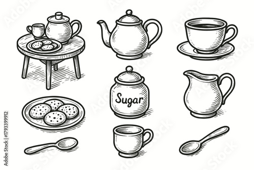 Icon tea icons spoon vector kettle plate jar afternoon milk time sugar