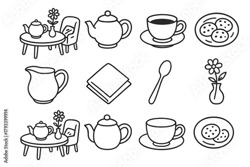 Cookie teapot milk vector pitcher tea setup icon cozy napkin afternoon