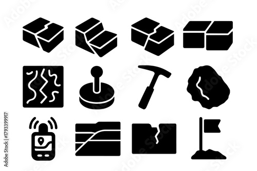 Geological Fault Icons. Solid style icons of fault line studies: strike-slip fault, normal fault, thrust fault, transform boundary