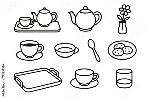 Teaspoon vase tray time saucer cookies minimal setting icons flower icon tea