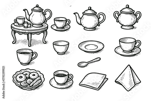 Bowl vector dish elegant sugar cup service tea napkin icon teapot