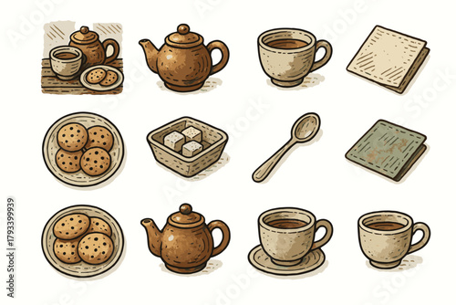 Icon tray tea teapot cup cookie vector napkin rustic spoon clay
