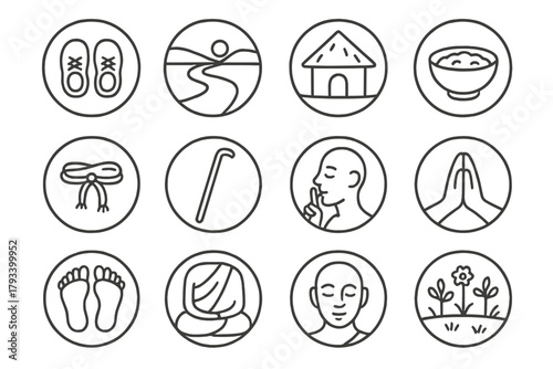 Humble Path Icons. Line style round icons of humble path: simple shoes, path, small hut, meal bowl; rope belt, walking stick,