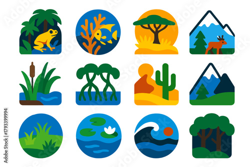 Ecosystem Icons. Flat vector icons of ecosystems: rainforest, coral reef, savannah, tundra, wetland, mangrove, desert, alpine,