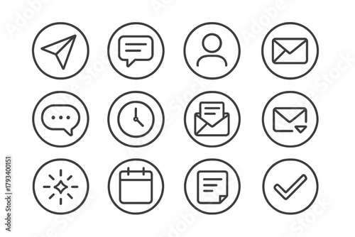 Cold Outreach Icons. Line style round icons of cold outreach: paper plane, intro message, contact icon, first email; reply bubble,