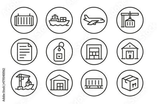 Freight and Cargo Icons. Line style round icons of freight and cargo: cargo container, shipping vessel, freight plane, loading