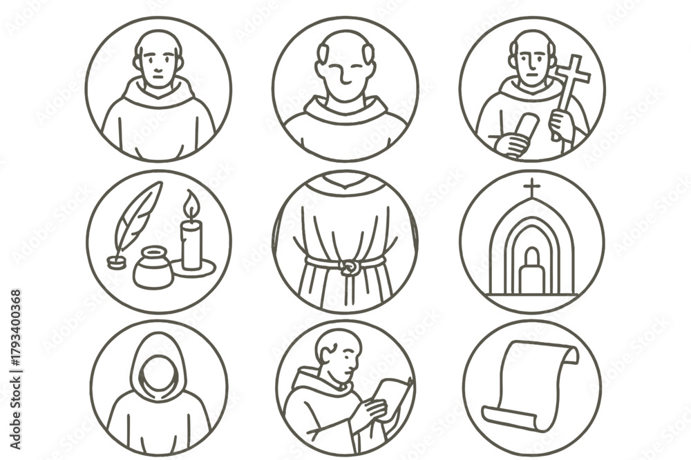 Fototapeta premium Medieval Monk Icons. Line style round icons of medieval monks: habit, tonsure, scroll, wooden cross; ink pot, candle, robe folds,