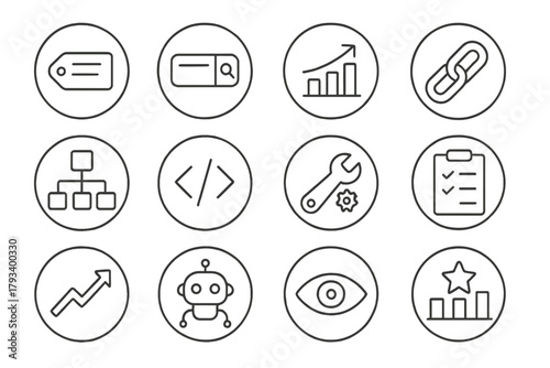 SEO Tools Icons. Line style round icons of SEO tools: keyword tag, search bar, ranking chart, backlink icon; sitemap, meta tag,