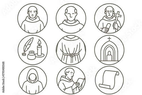 Medieval Monk Icons. Line style round icons of medieval monks: habit, tonsure, scroll, wooden cross; ink pot, candle, robe folds,