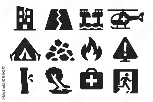 Earthquake Impact Icons. Solid style icons of earthquake impact: damaged building, cracked road, collapsed bridge, rescue