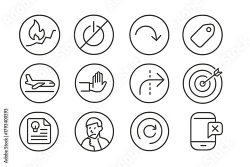 Startup Journey Icons. Line style round icons of startup failure and resilience: burn chart, shutdown icon, bounce back arrow,