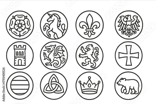 European Heraldry Icons. Line style round icons of European heraldry: English rose, Scottish unicorn, French fleur-de-lis, German