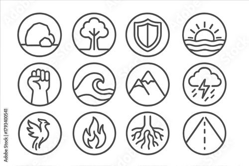 Resilience Icons Collection. Line style round icons of resilience: rock, tree, shield, sunrise; clenched hand, wave, mountain,