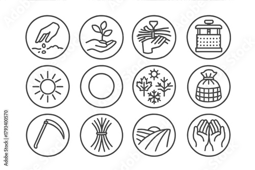 Agricultural Icons Collection. Line style round icons of agricultural traditions: planting, tending, harvesting, pressing; sun