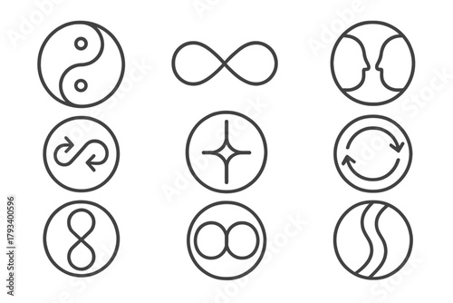 Balance and Unity Icons. Line style round icons of balance and duality: yin yang, infinity, mirrored halves, dual arrows;
