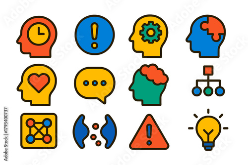 Flat Cognitive Function Icons. Flat vector icons of Cognitive Functions: Memory, Attention, Problem Solving, Reasoning, Emotion,