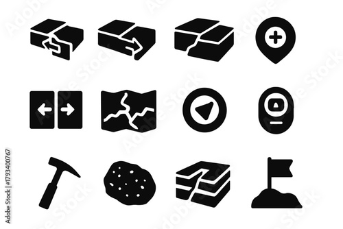 Geological Fault Icons. Solid style icons of fault line studies: strike-slip fault, normal fault, thrust fault, transform boundary