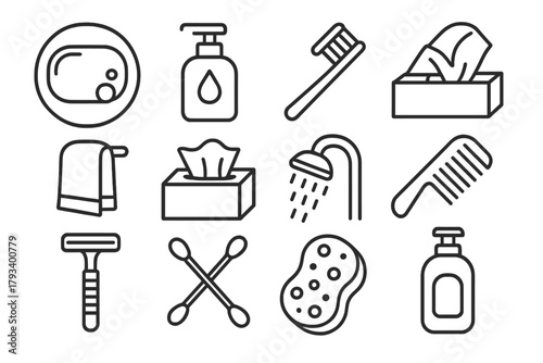 Hygiene Essentials Icons. Line style round icons of hygiene items: soap bar, sanitizer, toothbrush, toothpaste; towel, tissue box,