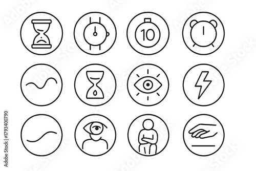 Countdown Icons. Line style round icons of countdown moments: hourglass, ticking watch, 10-second timer, alarm bell; alert line,