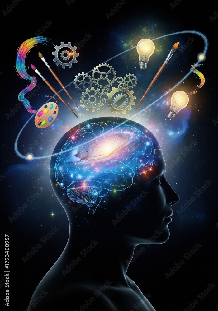 Fototapeta premium Sparking creativity and innovation with a galaxy brain, gears, lightbulbs, and art tools
