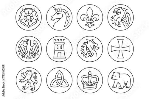 European Heraldry Icons. Line style round icons of European heraldry: English rose, Scottish unicorn, French fleur-de-lis, German