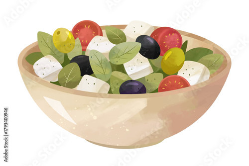 A fresh Greek salad with tomatoes, olives, cheese, and herbs. Hand painted in watercolor style.
