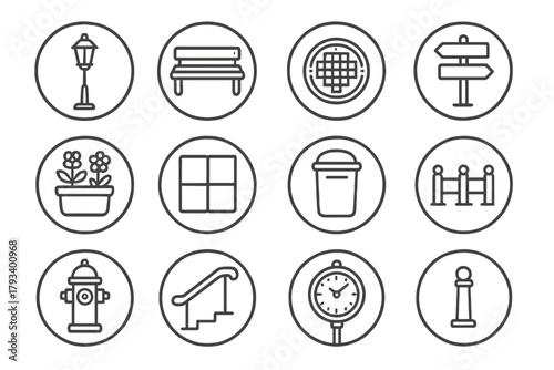 Urban Elements Icons. Line style round icons of urban details: streetlight, bench, manhole cover, signpost; flower pot, pavement