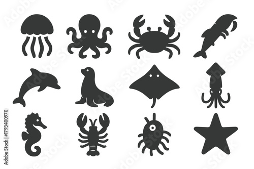 Aquatic Species Icons. Solid style icons of aquatic species diversity: jellyfish, octopus, crab, shrimp, dolphin, sea lion, manta