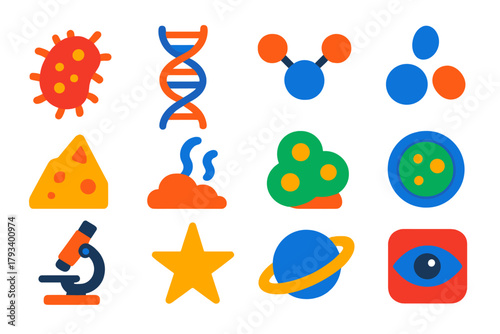 Colorful Biosignature Icons. Flat vector icons of Biosignatures: Microbe Icon, DNA Strand, Chemical Compound, Water Molecule, Rock
