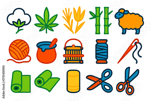Eco Fabric Icons. Flat vector icons of Eco-friendly Fabrics: Cotton, Hemp, Linen, Bamboo, Wool, Yarn, Dye Pot, Loom, Thread,