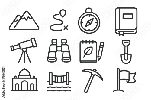 Exploration Icons Set. Line style round icons of exploration and discovery: mountain, trail, compass, journal; telescope,