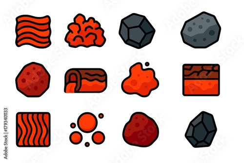 Vibrant Lava Icons. Flat vector icons of Lava Types: Pahoehoe, Aa Lava, Basalt, Andesite, Rhyolite, Lava Tube, Molten Rock, Crust,
