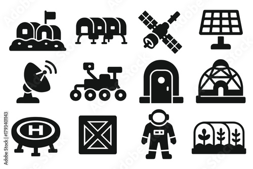 Iconic Space Colonies. Solid style icons of space colonies: lunar base, Mars habitat, orbital station, solar panel, communication