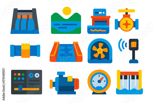 Water Management Icons. Flat vector icons of Water Management: Dam, Reservoir, Water Treatment Plant, Valve, Pipe, Canal,
