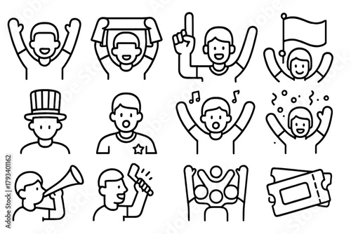 Football Fans Icons. Line style round icons of football fans: cheering, scarf, foam finger, flag; hat, jersey, chant, confetti;