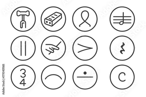 Period Music Tools Icons. Line style round icons of period music tools: tuning key, pitch pipe, string loop, notation line; bar