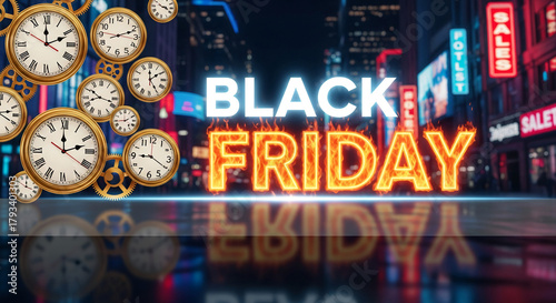 Composition with clock, gears and glowing letters. 