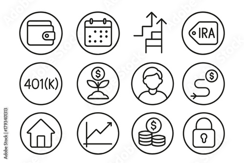 Retirement Planning Icons. Line style round icons of retirement planning: pension icon, calendar year, goal ladder, IRA tag; 401(k