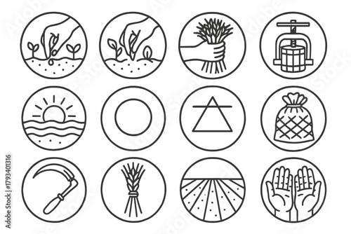 Agricultural Icons Collection. Line style round icons of agricultural traditions: planting, tending, harvesting, pressing; sun