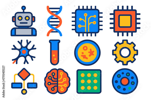Artificial Life Icons. Flat vector icons of artificial life: robot, DNA strand, circuit board, microchip, neuron network, test