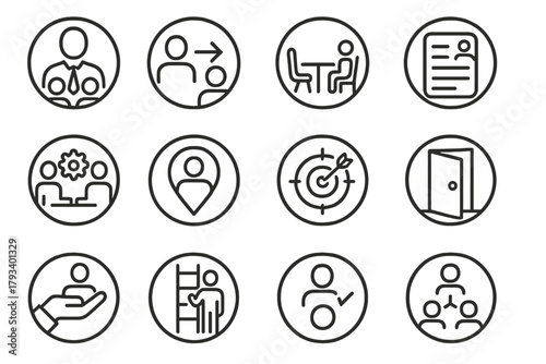 Career Connections Icons. Line style round icons of career connections: mentor figure, introduction arrow, interview seat,