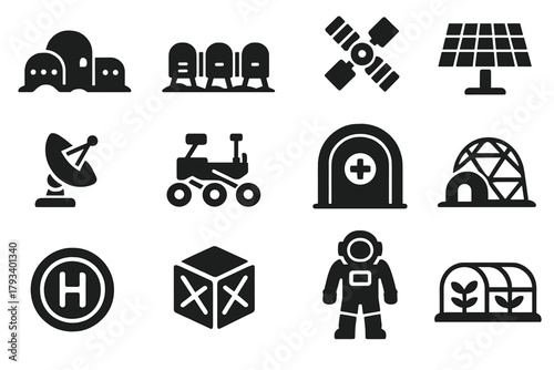 Iconic Space Colonies. Solid style icons of space colonies: lunar base, Mars habitat, orbital station, solar panel, communication