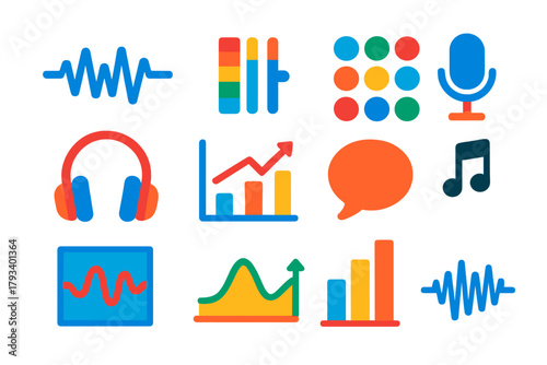 Speech Analysis Icons. Flat vector icons of speech analysis: waveform, spectrogram, phoneme chart, microphone, headphones,